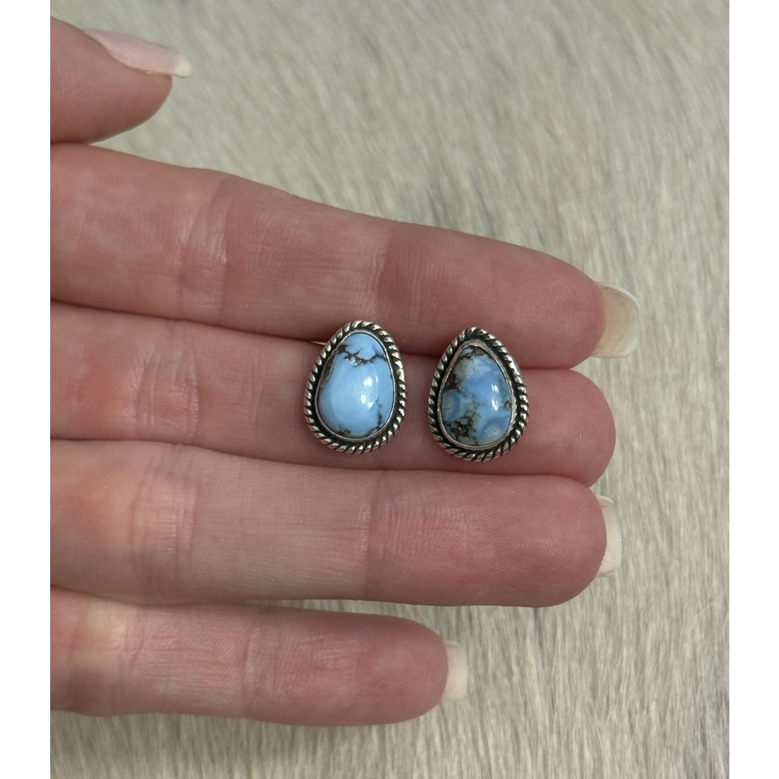 Sterling Silver Blue Golden Hills Turquoise Tear Drop Braided Post Stud Earrings
